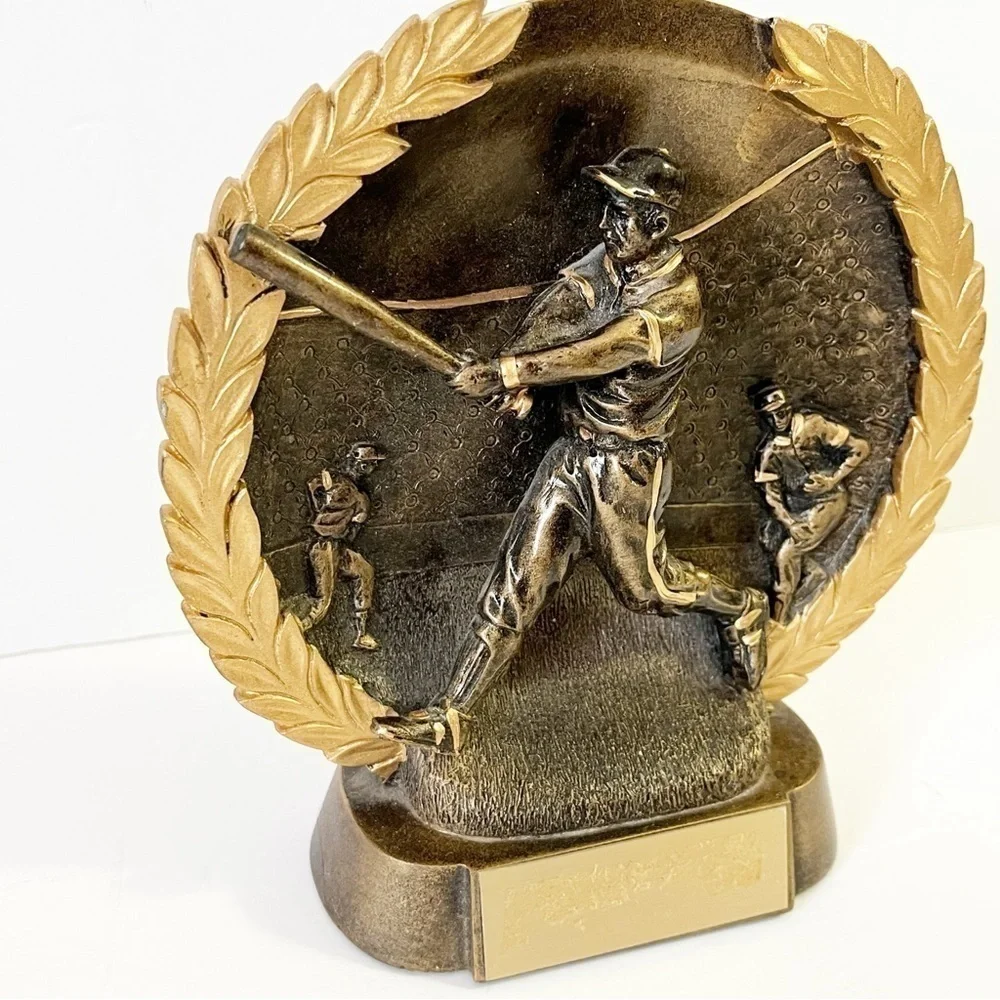 Gold Male Baseball Batter Resin Trophy Awards Plaque Coach Gift 3D Raised Relief